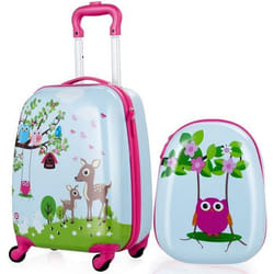 COSTWAY Valise Enfant 16et Sac à dos 12 pour Enfants Set Bagage Enfant Trolley à Roulette Bleu Claire Imprimé de Forêt