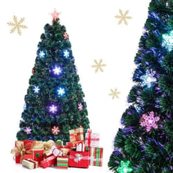 COSTWAY Sapin de Noël Artificiel LED Lumineux 150CM Fibre Optique Couleur Lumière Variable avec Etoile de Cime Décoration de Neige