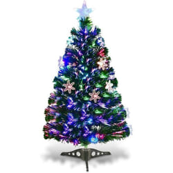 COSTWAY Sapin de Noël Artificiel Lumineux LED 90CM Fibre Optique Lumière Couleur Variable avec Etoile de Cime Décoration de Neige