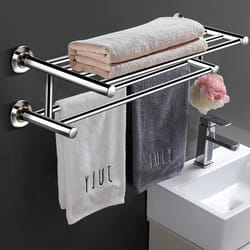 COSTWAY Porte-Serviette Mural de Salle de Bain Longueur 60cm Support Serviette en Acier Inox. Miroir avec 2 Barres et 2 Etagères