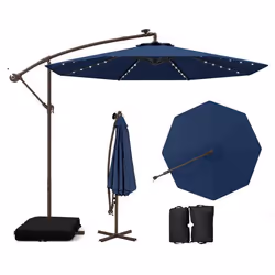 Parasol déporté 3 x 3M 40 LEDs - COSTWAY - Base croisée sac de sable - Tissu en polyester Anti- UV Bleu - Panneau Solaire 6 H ...