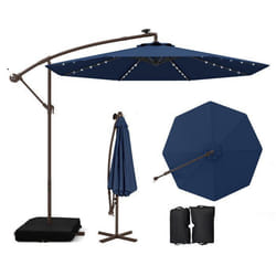 Parasol déporté 3 x 3M 40 LEDs - COSTWAY - Base croisée sac de sable - Tissu en polyester Anti- UV Bleu - Panneau Solaire 6 Heures