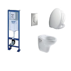 Pack Complet Wc Suspendu Bati Grohe Sl Autoportant + Plaque Chrome + Cuvette Villeroy And Boch Volta + Abattant Siamp Vallauris