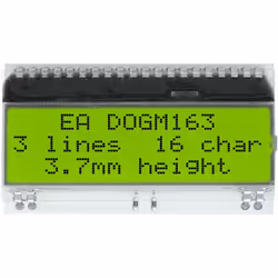 description Ecran 3 lignes de la série DOG avec 16 caractères en jaune/vert. Police 3,65 mm. Design plat COG. Pour 5V et 3,3V ...