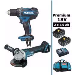 Pack Premium MAKITA 18V 2 machines comprenant : - 1 Perceuse visseuse 18V 62Nm DDF482 - 1 Meuleuse angulaire 18V Ø 125mm DGA5 ...