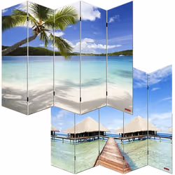 Paravent plage, 5 pans 2 motifs différents: Recto: plage, verso: île paradisiaque Matériau: Tissu sur châssis en bois Toile ( ...