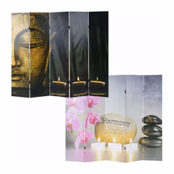 Paravent 5 pans recto bouddha verso harmony (voir photos) Entièrement assemblé Pliable Cadre en bois avec tissu imprimé (100% ...