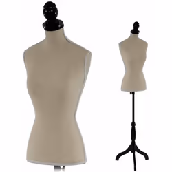 Buste de couture féminin hauteur réglable Tête et pied: bois Recouvert de tissu crème (polyester) Torse: mousse Dimensions (e ...