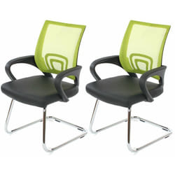 2x fauteuils chaises de bureau sans roulettes chaise de conférence visiteur en synthétique noir et maille vert 040000181