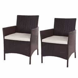 Lot de 2 fauteuils chaises de jardin en polyrotin marron avec coussins crème