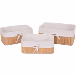 Ensemble de 3 paniers de rangement bambou couleur naturelle Ces jolis paniers de rangement en bambou avec inserts textiles vo ...