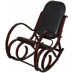 Fauteuil à bascule rocking chair en bois foncé assise en cuir noir FAB04010