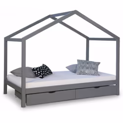 Lit cabane en bois gris pour enfant 90x200 cm Sommier à lattes inclus Avec deux tiroirs de rangement sur roulettes Constructi ...