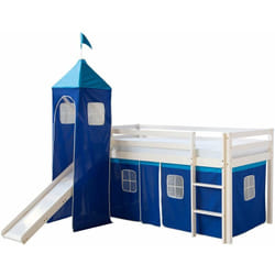 Lit mezzanine 90x200cm avec échelle toboggan en bois laqué blanc et toile bleu incluse LIT06009