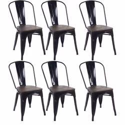 6 chaises de salle à manger style industriel factory metal noir et assise en bois