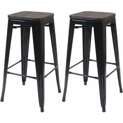 Lot de 2 tabourets de bar style industriel factory en métal noir assise en bois TDB04046
