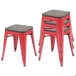 Tabourets - Design Industriel - Lot de 4 - Bois dorme - Métal rouge - Empilables