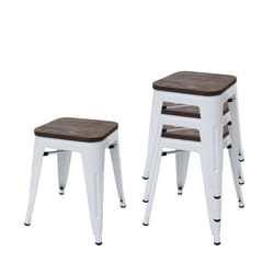 Tabouret - Design Industriel - Lot de 4 - Bois dorme - Métal blanc - Empilable