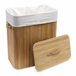 Boîte a linge en bambou 105 litres avec sac en lin naturel pliable