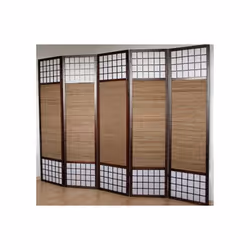Paravent japonais 5 panneaux en bois et bambou Encadrement en bois brun foncé Papier de riz blanc et bambou Dimensions: Haute ...