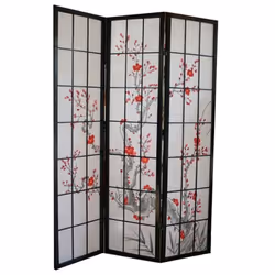 Paravent - Décoshop26 - 3 Panneaux - Bois Noir - Panneaux en Papier de Riz - Design Contemporain