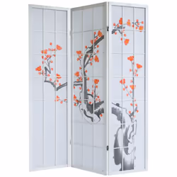 Paravent 3 panneaux en bois blanc pliable Matériaux et couleur: Structure : bois Panneaux : papier de riz blanc Motif Cerisie ...