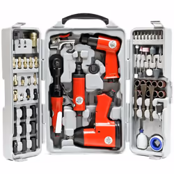 Un ensemble de 71 pièces qui contient différents outils pneumatiques, une clé à chocs de 1/2", un marteau pneumatique burineu ...