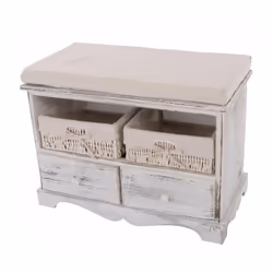Banquette / coffre de rangement blanc vieilli avec le coussin, 2 tiroirs et 2 paniers Dimensions: Hauteur: 42 cm Largeur: 62  ...