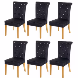 Chaises à manger - Lot de 6 - Velours noir - Design Chesterfield - Boutons en cristal - Pieds en bois clair