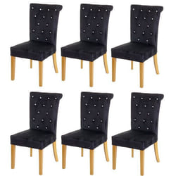 Chaises à manger - Lot de 6 - Velours noir - Design Chesterfield - Boutons en cristal - Pieds en bois clair