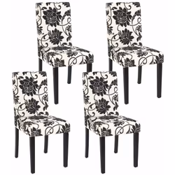 Lot de 4 chaises de salle à manger tissu imprimé blanc et noir pieds foncés Assise et dossier rembourrés Coins et bords arron ...