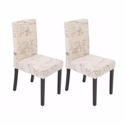 Lot de 2 chaises de salle à manger en tissu crème imprimé gris-noir pieds foncés Assise et dossier rembourrés Coins et bords ...