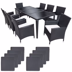 Salon de jardin 8 chaises rotin resine tresse synthetique noir + coussins + housses