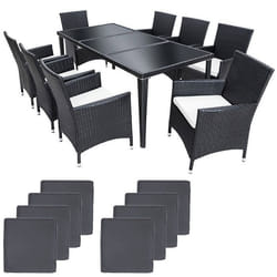 Salon de jardin 8 chaises rotin resine tresse synthetique noir + coussins + housses