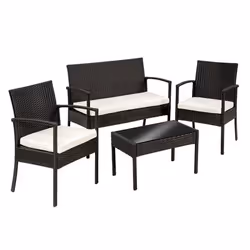 Salon de jardin - Poly Rotin - Noir - 2 Fauteuils - 1 Canapé 2 places - Table avec plateau en verre
