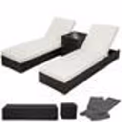 Lot de deux chaises longue bain de soleil en resine tresse poly rotin noir + table + deux set de housses + housse de pro