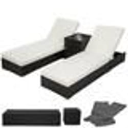 Lot de deux chaises longue bain de soleil en resine tresse poly rotin noir + table + deux set de housses + housse de pro