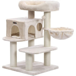 Arbre à chat avec plate forme d'observation hamac grande grotte troncs épais en sisal stable 112 cm beige
