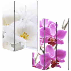 Paravent orchidée, 3 pans 2 motifs différents: Recto: orchidée blanc, verso: orchidée violet Matériau: Tissu sur châssis en b ...
