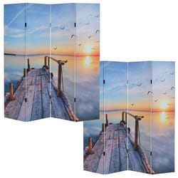 Paravent - Décoshop26 - PAR04012 - 4 Pans - Motif Coucher du Soleil - Bois et Tissu Polyester