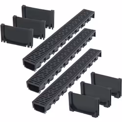 Cet ensemble complet se compose de 3 caniveaux de drainage (chacun avec grille en plastique) et de 6 capuchons d'extrémité. I ...