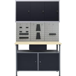 Etabli 120 cm et 3 panneaux muraux et 1 armoire atelier table de travail gris noir