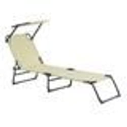 Bain de soleil transat chaise longue pliable avec pare soleil acier PVC polyester 187 cm creme