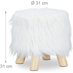 Helloshop26 - Tabouret fausse fourrure poils pouf 4 pieds bois blanc