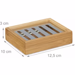 Porte-savon en bambou avec grille en inox • Dimensions H x l x P: 3 x 12,5 x 10 cm • Grille égouttoir en inox • Matériel: bam ...