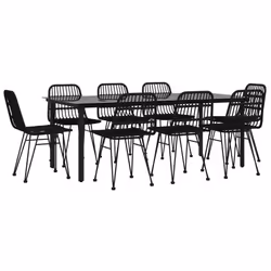 Ensemble de salle à manger de jardin - Noir - 9 pièces - Résine tressée - Acier - Verre trempé