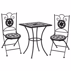 Meuble de jardin - Mosaïque - Ensemble de bistrot - 1 table et 2 chaises - Noir et blanc - Fer enduit de poudre