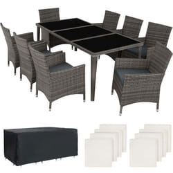 Salon de jardin rotin resine tresse synthetique 8 places avec 2 sets de housses + housse de protection gris