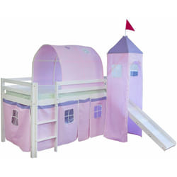 Lit mezzanine 90x200cm avec échelle toboggan en bois blanc et toile rose incluse LIT06107