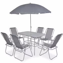 Mobilier de jardin - Non spécifié - Ensemble 8 pièces - Acier et textilène - Parasol inclus - Gris